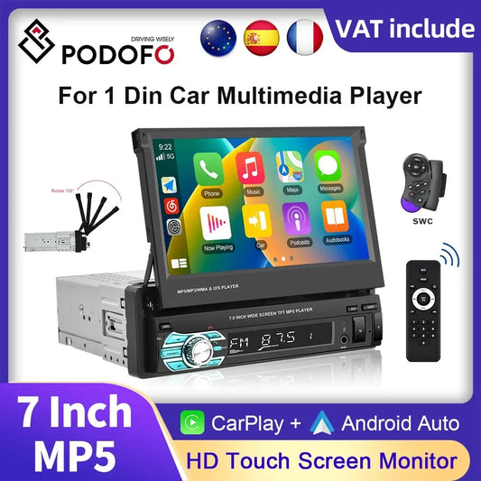 Podofo 7" 1Din Car MP5 Radio Multimedia Video Player Carplay Retractable Screen Bluetooth FM For Volkswagen Nissan Hyundai